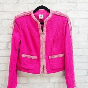 Cabi Pink Tweed Metallic Trim Zip Up Jacket Womens Small Hot Pink Fuchsia
